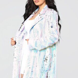 NWT NEW Fashion NOVA Plush White/Rainbow/Silver Sequined long Coat/Jacket Sz Med